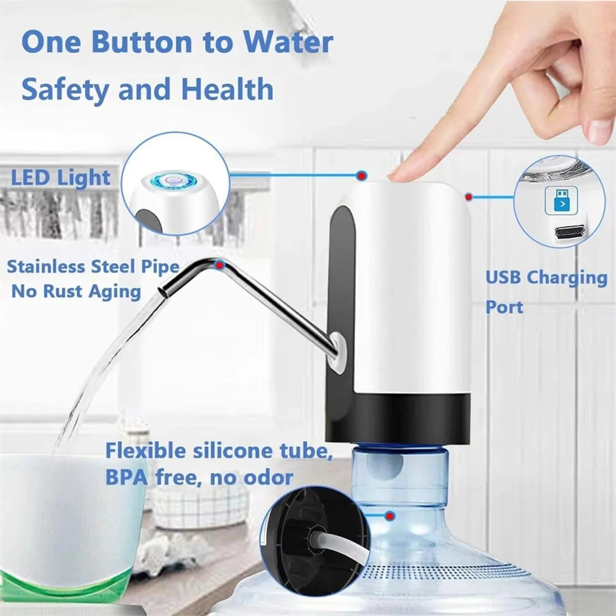 Electric Water Dispenser Pump For 2-5 Gallon Bottle USB Charging Portable Automatic Drinking Pump For Home Office Camping Picnic
