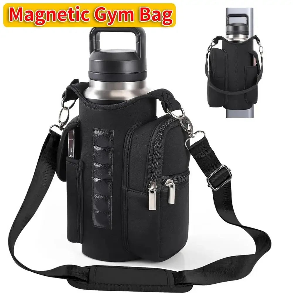 Magnetic Water Bottle Holder Gym Water Bottle Carrier Bag W/ Phone Pocket Handle Shoulder Strap 6 Built-in Magnets Water Bottle