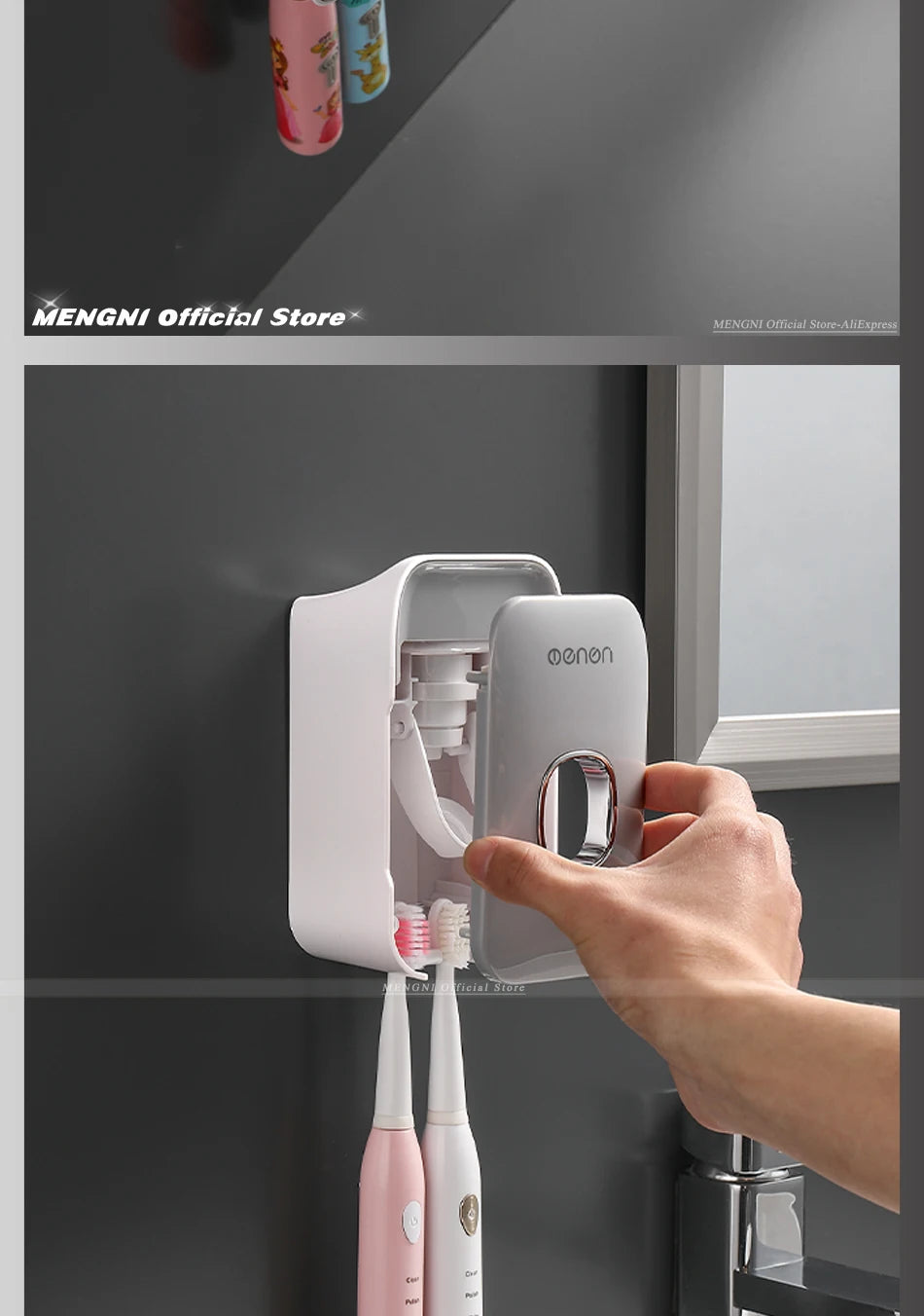 MENGNI Automatic Toothpaste Dispenser Wall-Mounted Bathroom Toothpaste Squeezer Punch-Free Toothbrush Holder Rack Bathroom Acces