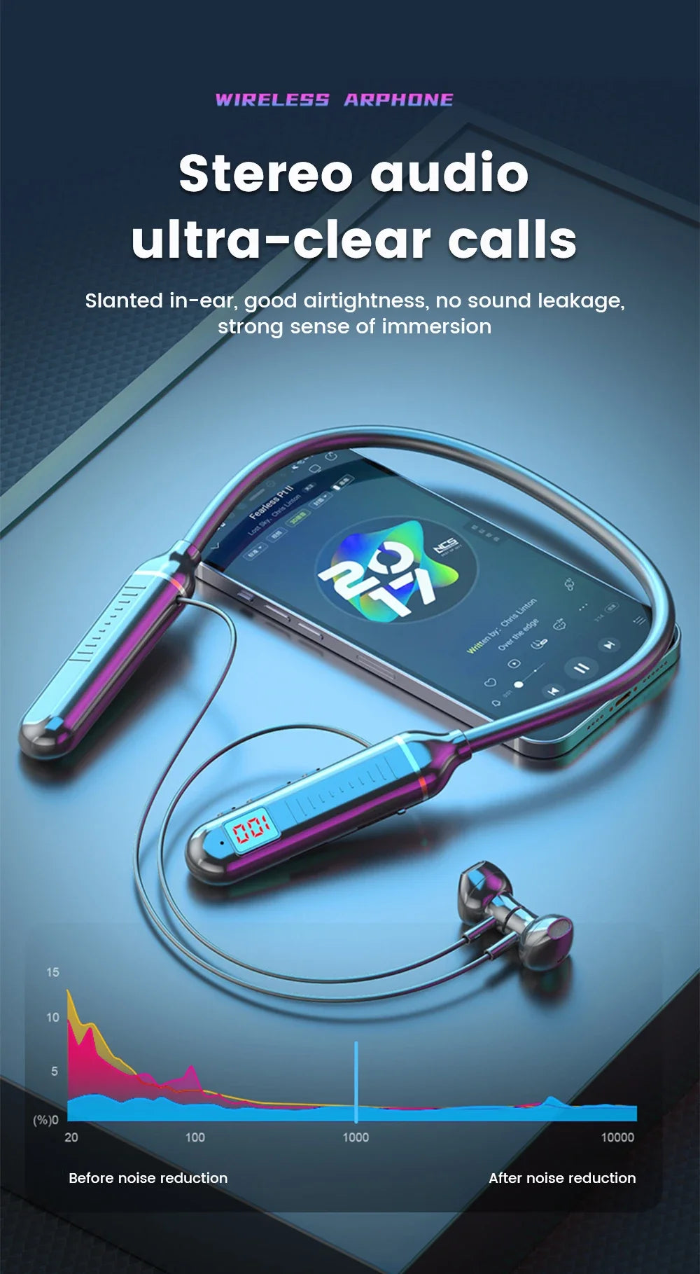 Wireless Headset 5.3 Neck Strap Headset Gaming LED display Stereo Sports headset with magnetic earbuds