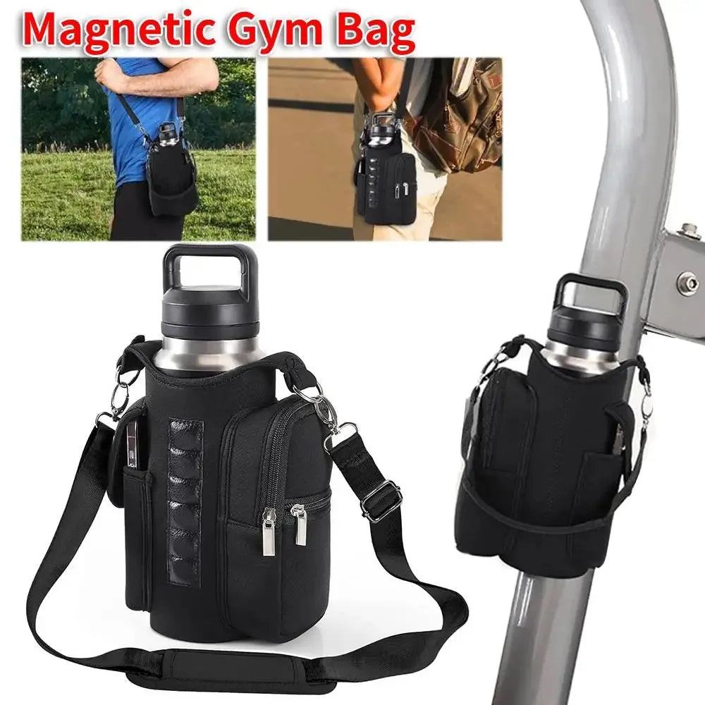Magnetic Water Bottle Holder Gym Water Bottle Carrier Bag W/ Phone Pocket Handle Shoulder Strap 6 Built-in Magnets Water Bottle