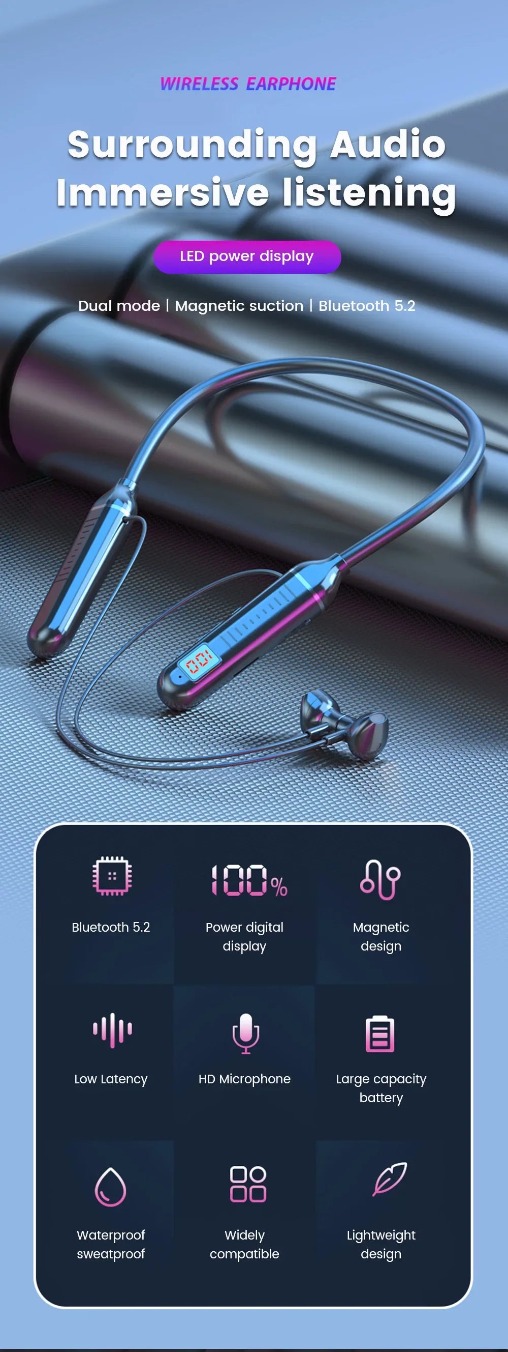 Wireless Headset 5.3 Neck Strap Headset Gaming LED display Stereo Sports headset with magnetic earbuds