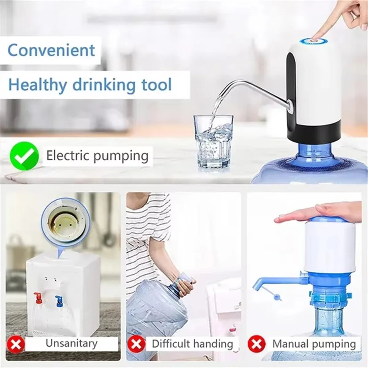 Electric Water Dispenser Pump For 2-5 Gallon Bottle USB Charging Portable Automatic Drinking Pump For Home Office Camping Picnic