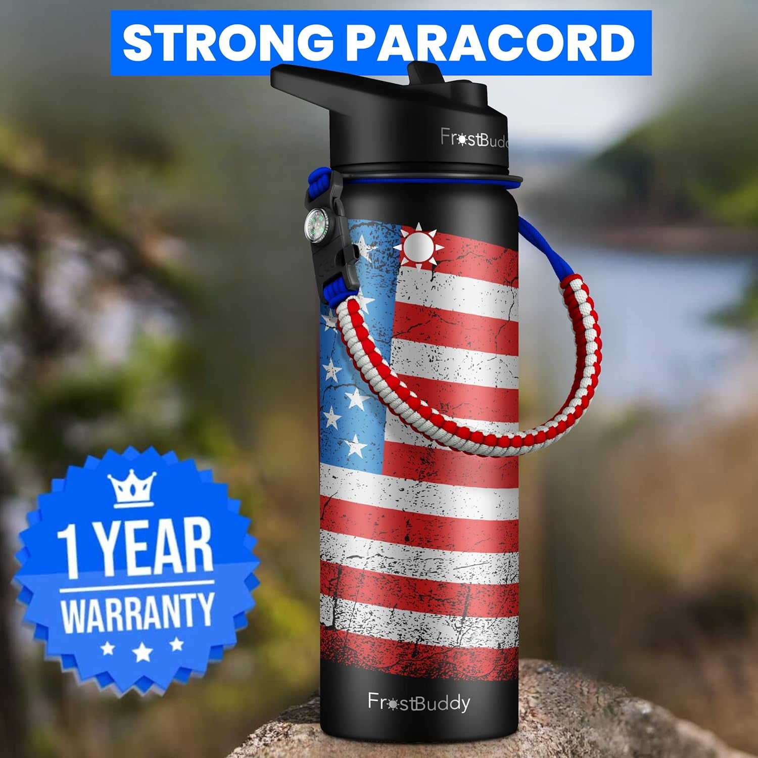 24Oz Insulated Water Bottle with Straw, Lid & Paracord Handle | 24-Hour Cold | Leak Free | Stainless Steel for Traveling, Sports & Errands